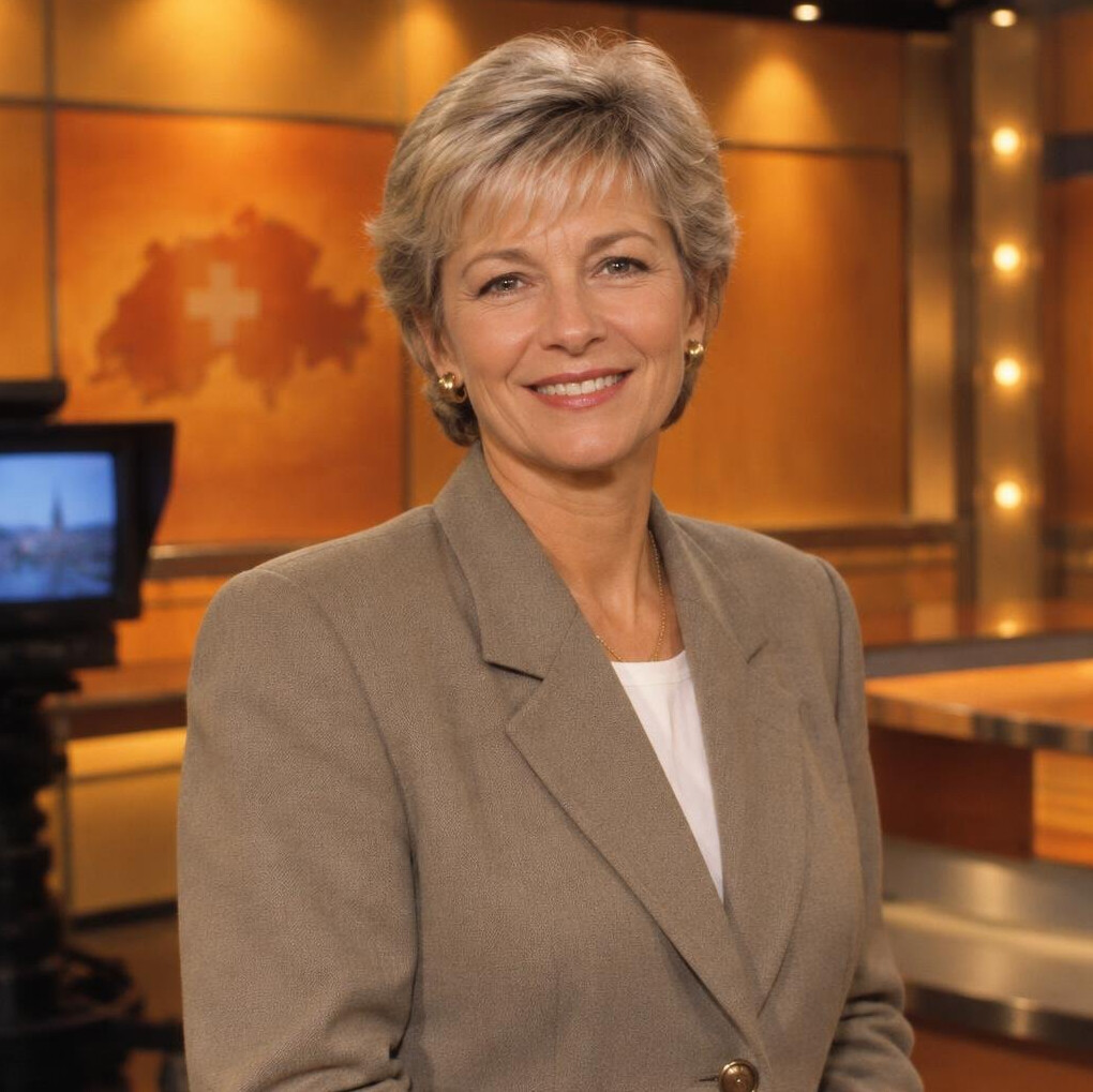 Studio portrait of a Swiss television presenter in front of a warm-lit backdrop